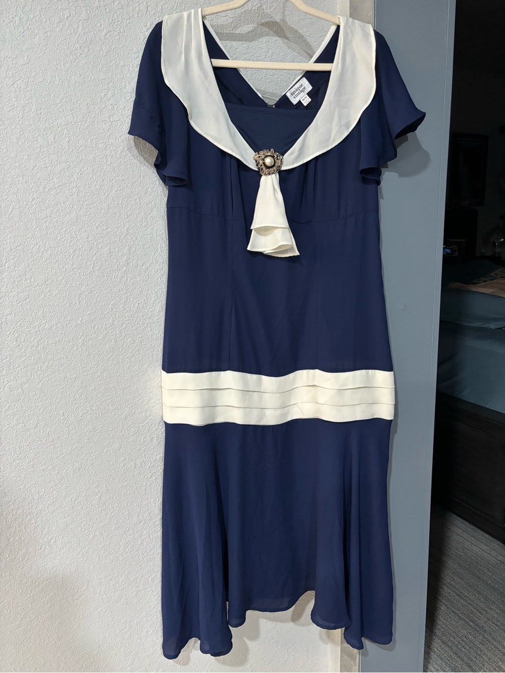 Unique Vintage Navy and White Sailor-Collar Midi Dress